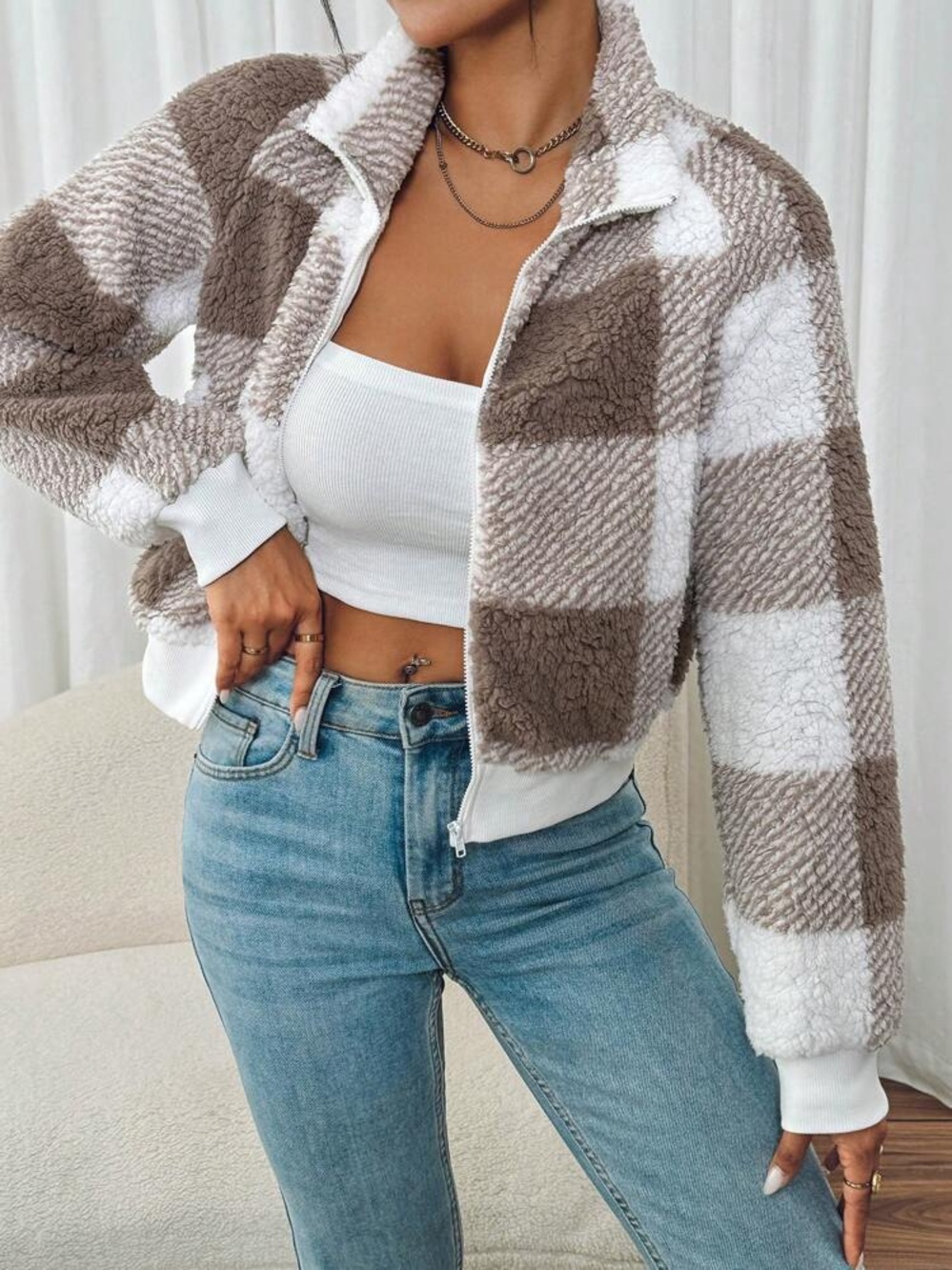 SHEIN Plaid Drop Shoulder Teddy Fleece Jacket - Size Small